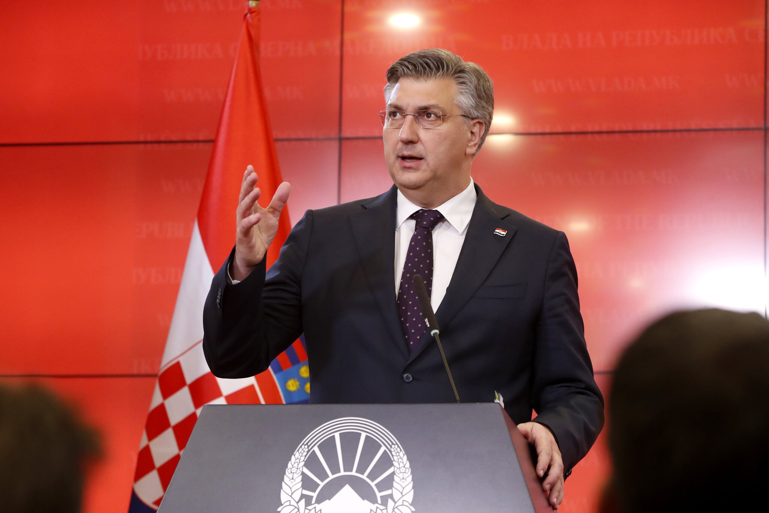 Croatia's Prime Minister Andrej Plenkovic, speaks for the media during a news conference with his North Macedonian counterpart Dimitar Kovacevski, at the Government building in Skopje, North Macedonia, on Wednesday, April 5. 2023. (AP Photo/Boris Grdanoski)
