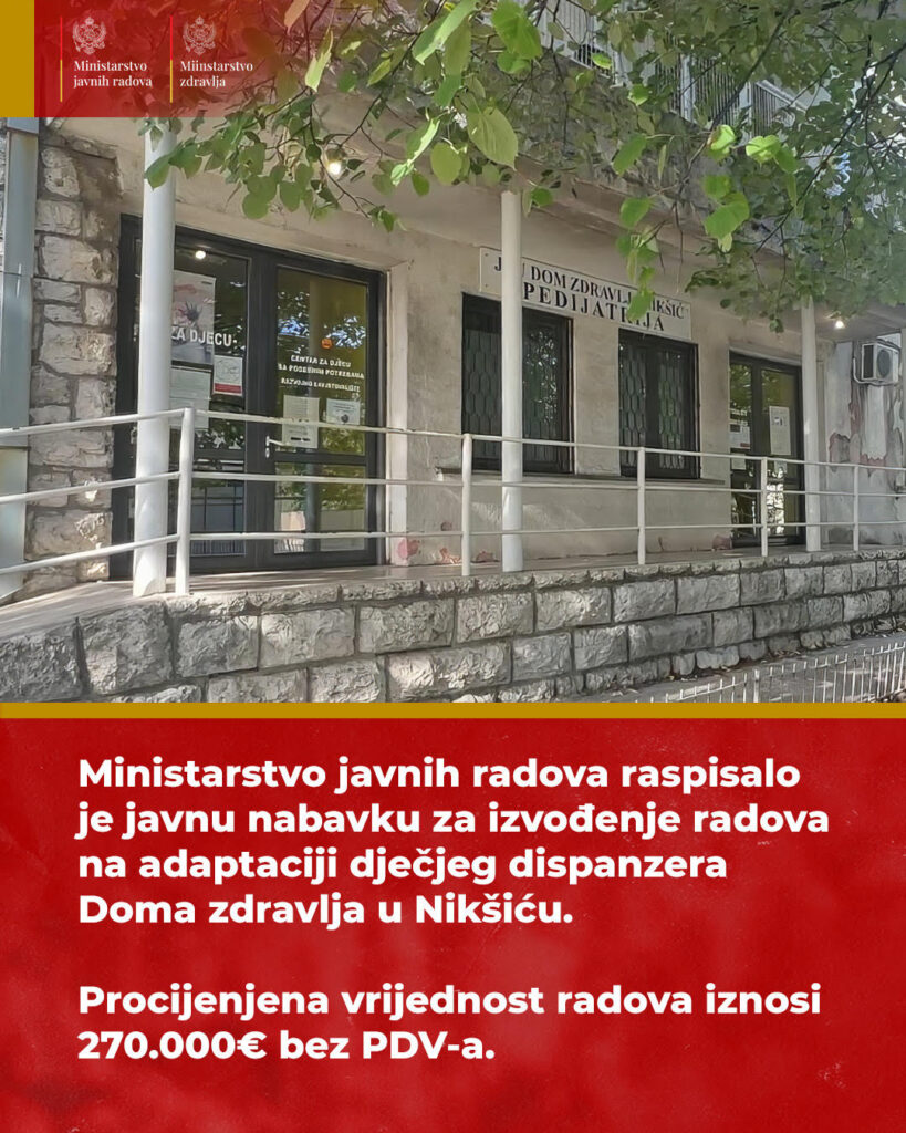 Ministarstvo javnih radova raspisalo javnu nabavku za izvođenje radova na adaptaciji dječjeg dispanzera Doma zdravlja u Nikšiću