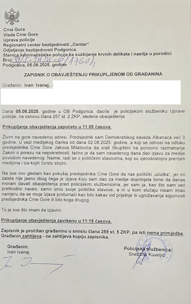 Ivan Ivanaj saslušan u policiji povodom izjava o Milatovićevoj odluci da vrati zakon