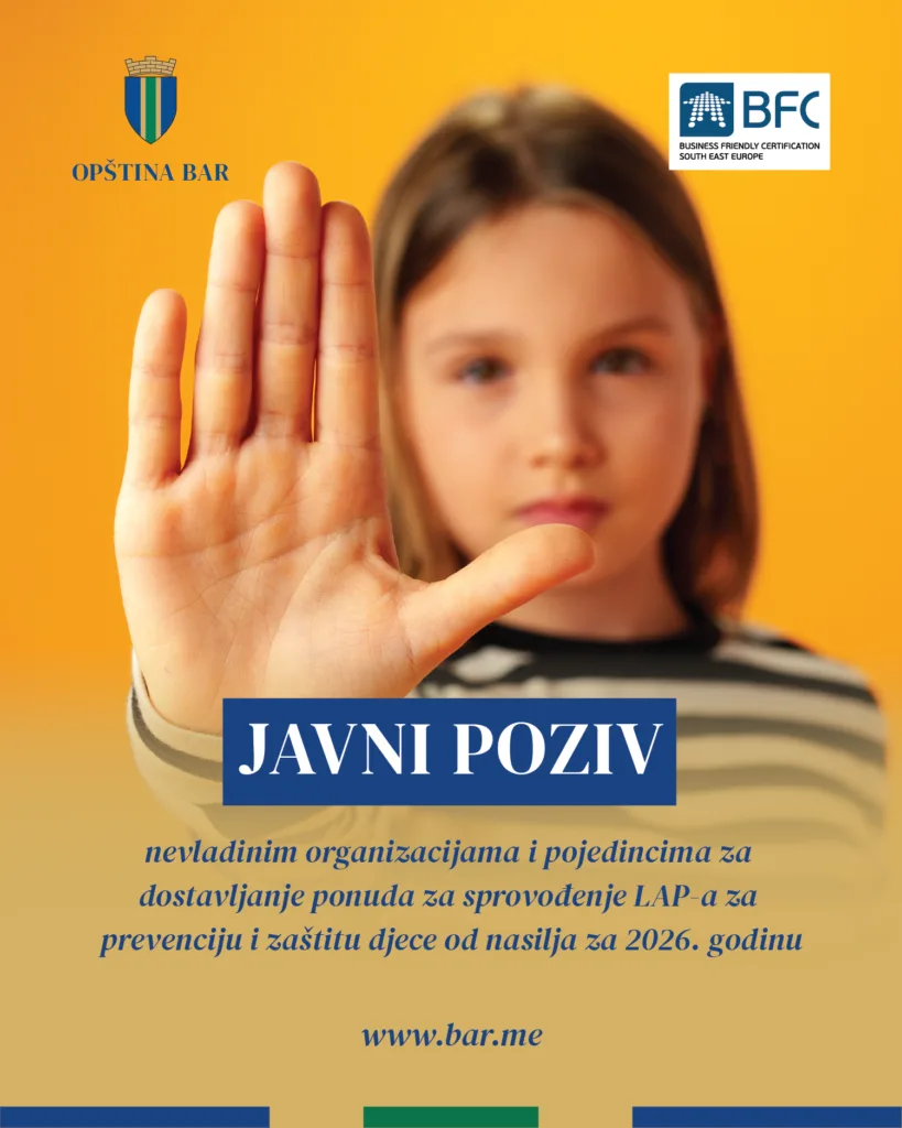 Javni poziv Opštine Bar: Nove aktivnosti za prevenciju nasilja nad djecom u 2026. godini