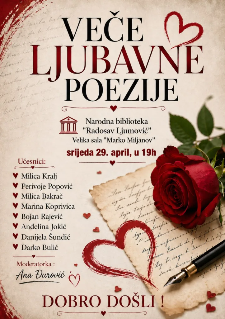 Večeras u NB „Radosav Ljumović“ veče ljubavne poezije