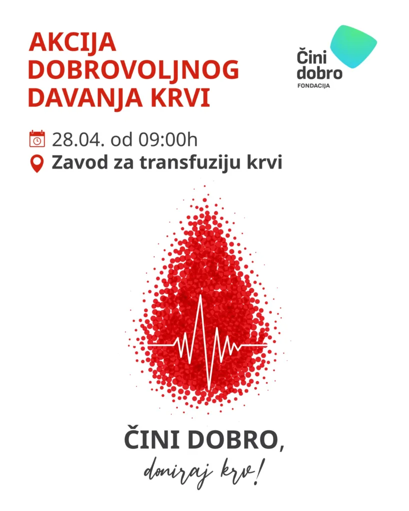 Fondacija „Čini dobro“ organizuje akciju dobrovoljnog davanja krvi 28. aprila