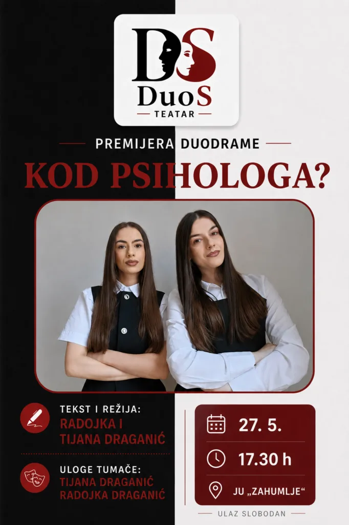 Premijera duodrame „Kod psihologa?“ u srijedu u JU „Zahumlje“ u Nikšiću