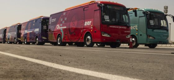 Buses are seen during a test run of massive bus fleet ahead of Qatar World Cup, in Doha, Qatar, Thursday, Sept. 22, 2022. Thani Al Zarraa, who is overseeing transport preparations, said some 4,000 buses will be used during the tournament, which around 700 will be electric. (AP Photo/ Lujain Jo)
